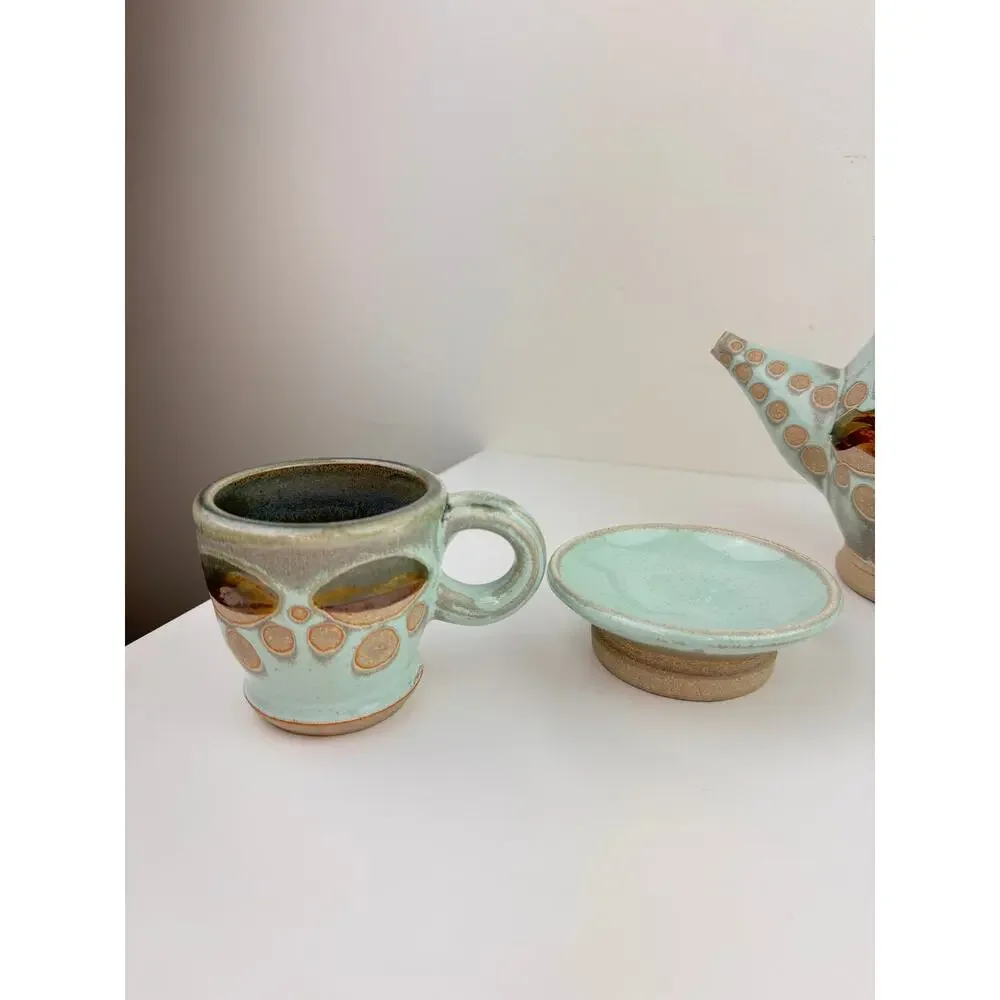 OOAK Blue Beige Ceramic Hand Thrown Pottery Tea Plate Cup Teapot Tea Set 3-Piece